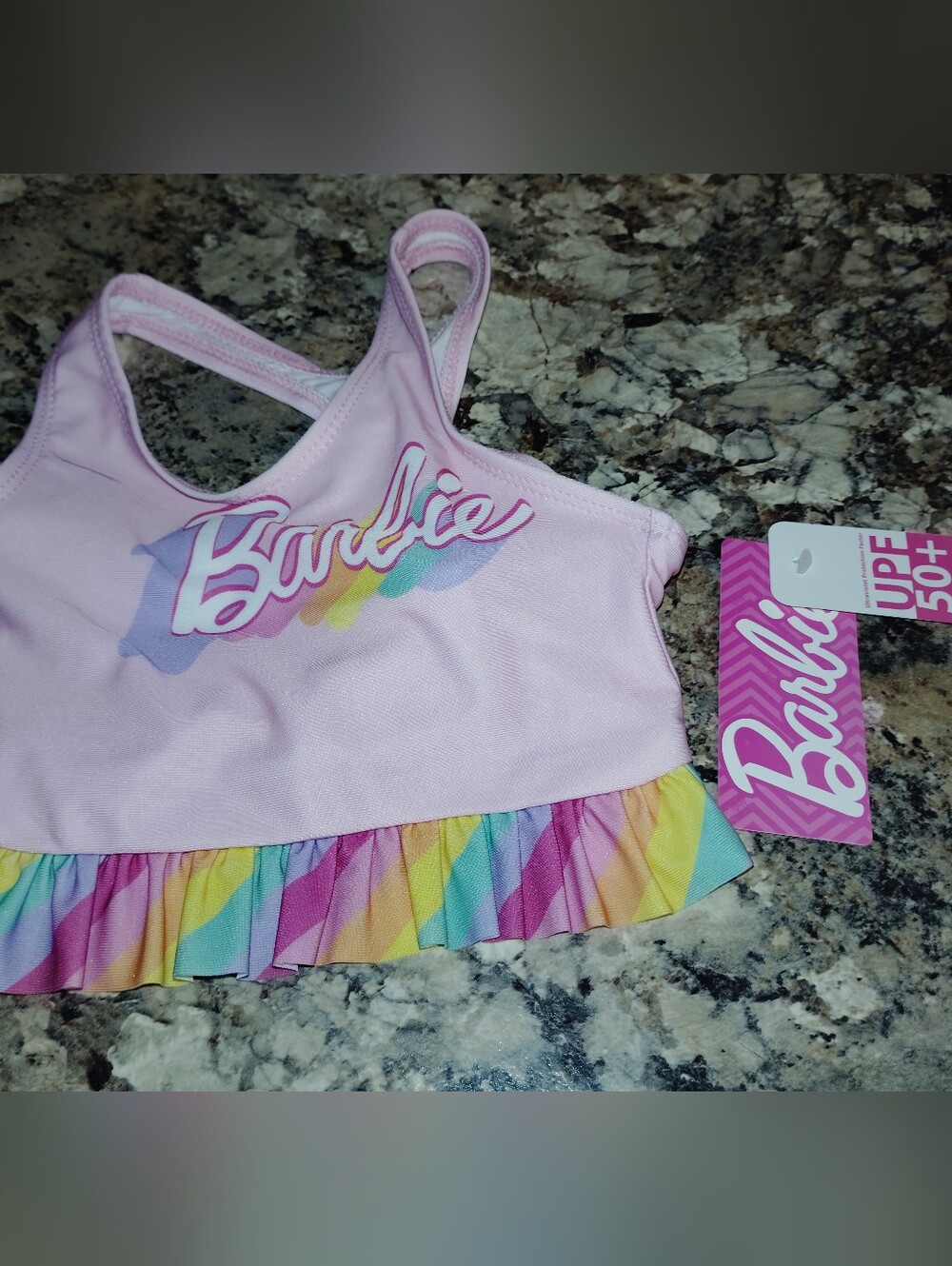 ✨ NWT 3t Barbie™ Girls UPF 50+ Pastel Rainbow Ruffle Swim Top - Picture 3 of 6